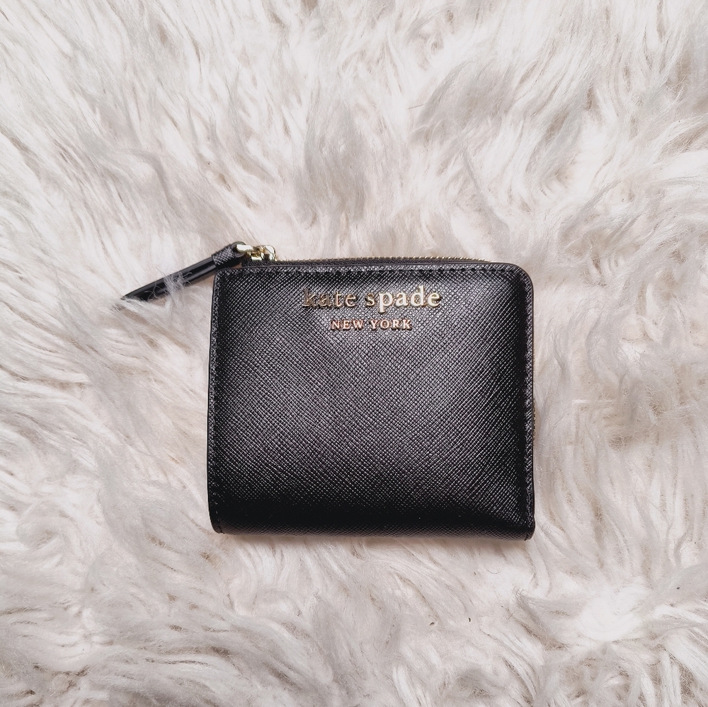 Kate Spade New York Saffiano Leather Small Zip Around Bifold Wallet, Black - Picture 1 of 9